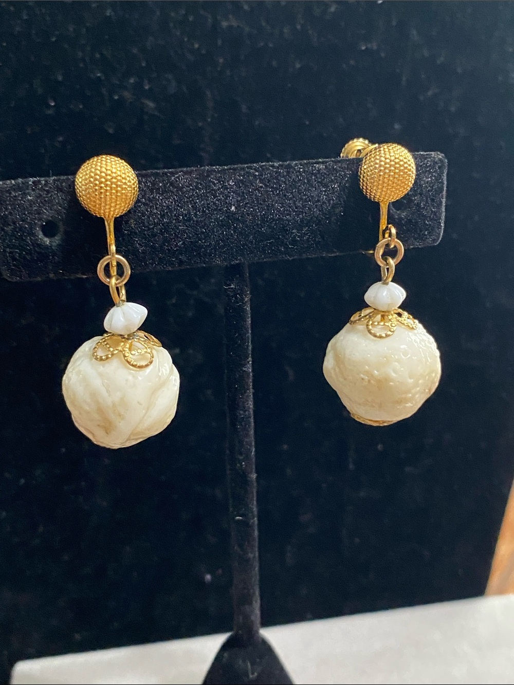 Hobe VTG Gold-Tone Drop Earrings with Cream Carved Beads
